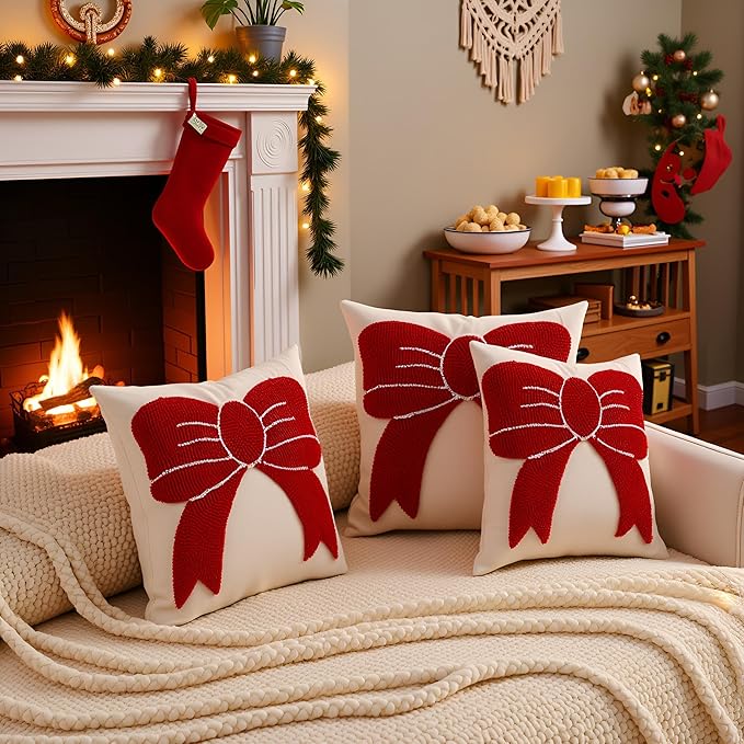 Tosleo Christmas Tufted Pillow Covers 18 x 18 inch Set of 2 Xmas Red Bow Throw Pillow Cover Party Decor Winter Holiday Embroidery Cushion Case for Sofa Couch Bed Living Room