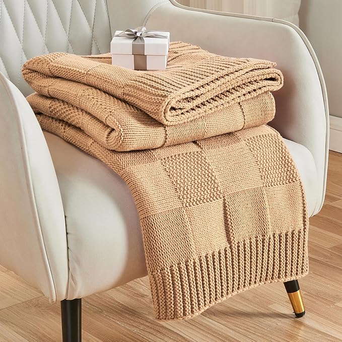 CozeCube Check Knit Throw Blanket, Beige Checkered Throw for Couch, Decorative Christmas Soft Cozy Warm Knitted Blanket for Bed Sofa Living Room, 60"X80"