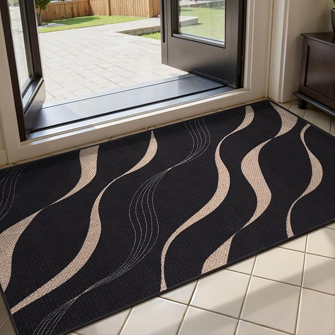 Tangsoo Easy Jute 2x4 Small Throw Rugs for Entry,Washable Thin Indoor Door Mat,Black Wavy Lines Non-Slip Floor Small Outdoor Carpet for Entryway Kitchen Hallway Bedroom Front Porch