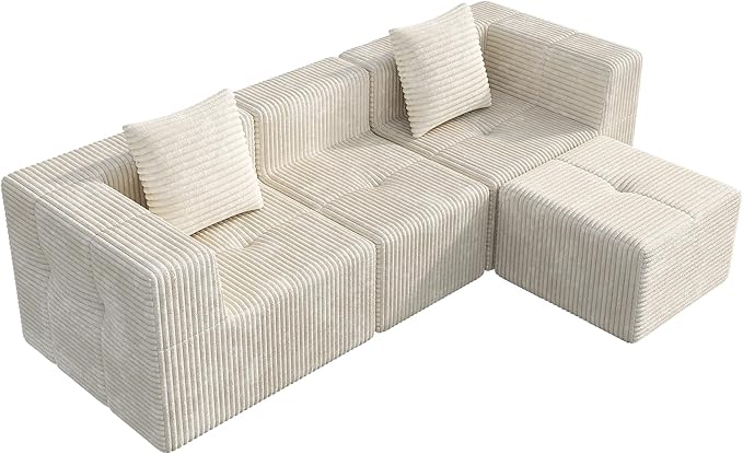 WLIVE 108'' Cloud Sectional Couches for Living Room, Modular Boneless Couch with Left Facing Chaise, L Shape Memory Foam Corduroy, with Ottoman, Beige