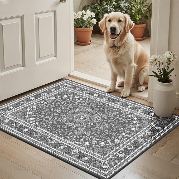 Lessymo 2 x 3 Entryway Rug - Machine Washable Area Rugs Boho Faux Wool Low Pile Area Rug for Bedroom, Floral Medallion Vintage Outdoor Rugs with Non-Slip Rubber,Grey White