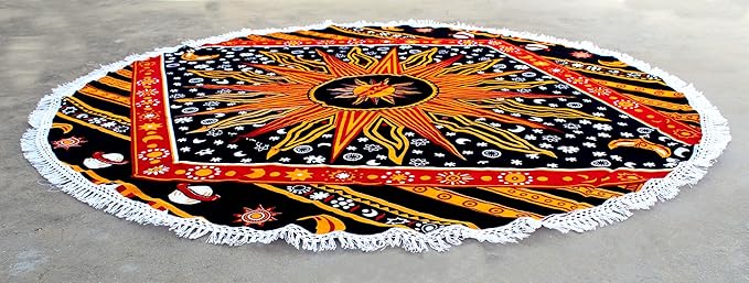 Round Beach Tapestry Turquoise Mandala Throw/Boho Hippie Beach Blanket Roundie/Indian Cotton Bohemian Large Round Table Cloth-Home Decor/Yoga Mat Meditation Picnic Rug (70", Yellow)