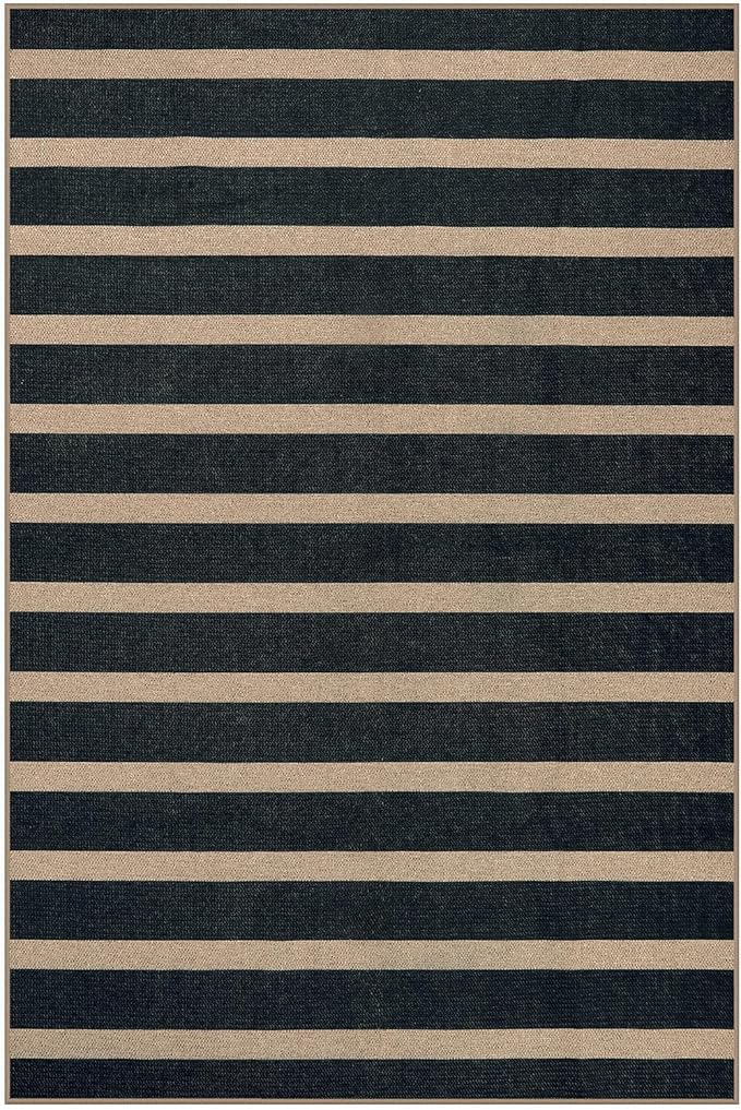 Lahome Elance Striped Easy Jute Area Rug 6x9, Outdoor Patio Rug Neutral Black Carpet for Living Room Classroom, Farmhouse Low Pile Non Slip Non Shedding Floor Carpet for Dining Room Office