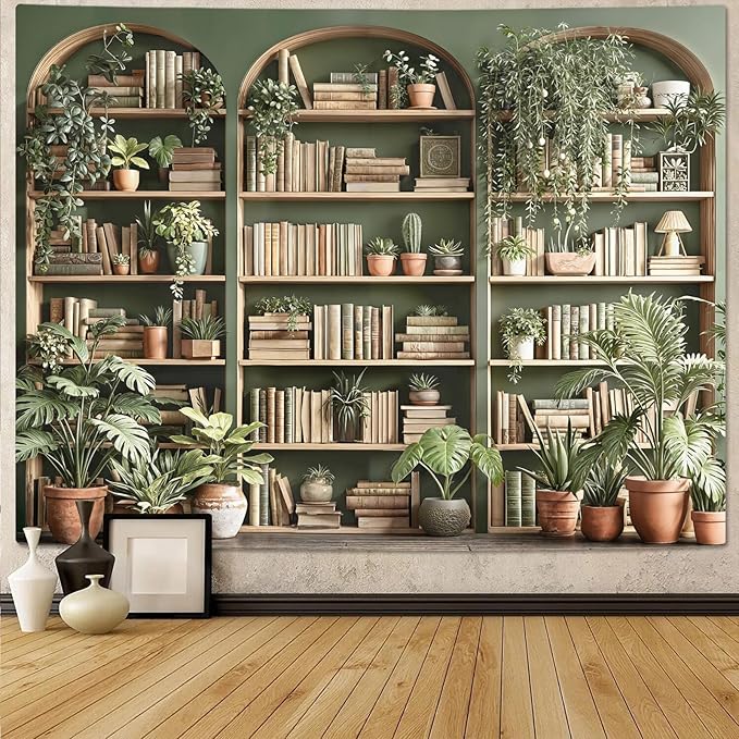 Accnicc Sage Green Plant Bookshelf Tapestry Botanical Bookshelf Tapestries Wall Hanging Vintage Potted Plants Library Backdrop Extra Large Tapestry for Bedroom Living Room Dorm 90 x 68 inch