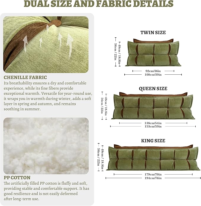 Johnear Headboard Backrest Set of 2 Pack Chenille Throw Pillows for Daybed Couch Support Reading Pillows for Sitting in Bed Adult, Green Large Bolster Pillow for King Size Bed Wedge Pillow