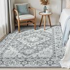 Lessymo Washable Area Rugs 6x9- Boho Area Rug Low Pile for Bedroom Living Room Kitchen, Ultra-Soft Faux Wool Vintage Area Rug with Non-Slip Rubber, Kid & Pet Friendly, Grey Cream White