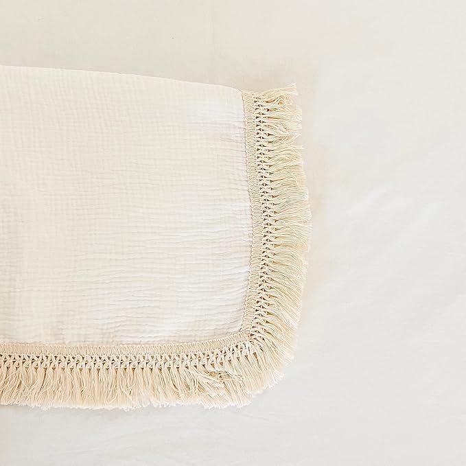 Muslin Cotton Baby Receiving Blanket with Fringe, Boho Bohemian Tassels, Nursery Decor, Boy or Girl Unisex Swaddle Wrap, Use as Throw or Nursing Fringed Blankets (White)