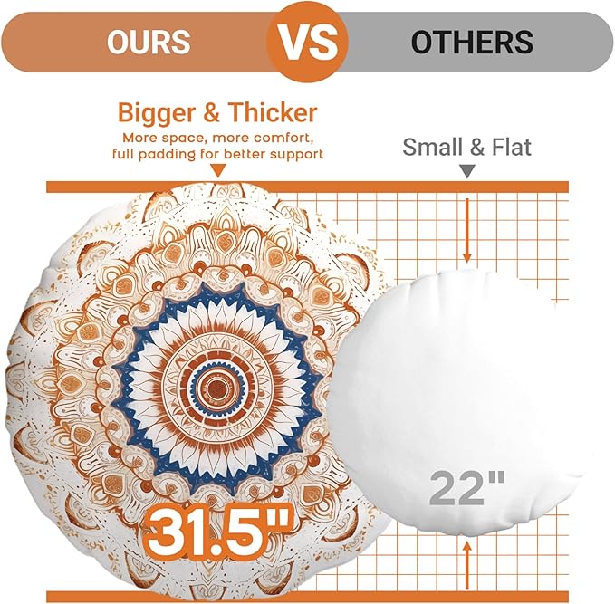 Meditation Cushion 32 Inch Round, Extra Thick Memory Foam Floor Pillow with Removable Washable Cover, Bohemian Mandala Yoga Cushion for Adults - Ideal Gift & Holiday Decor, Brown