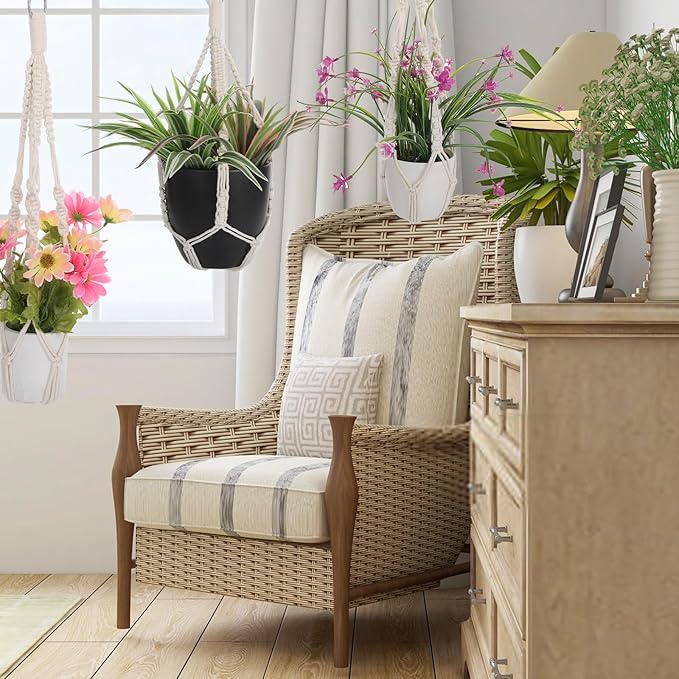 Handmade Macrame Plant Hangers, 2 Pack Cotton Boho Hanging Planters Baskets Plant Holder 19.6 Inch White Rope Flower Pot Holders for Indoor Outdoor Decor