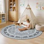 Lessymo Washable 8FT Round Area Rugs for Living Room, Non Slip Circle Rugs Low Pile Vintage Carpet for Bedroom, Dining Room, Nursery, Home Office, Grey White