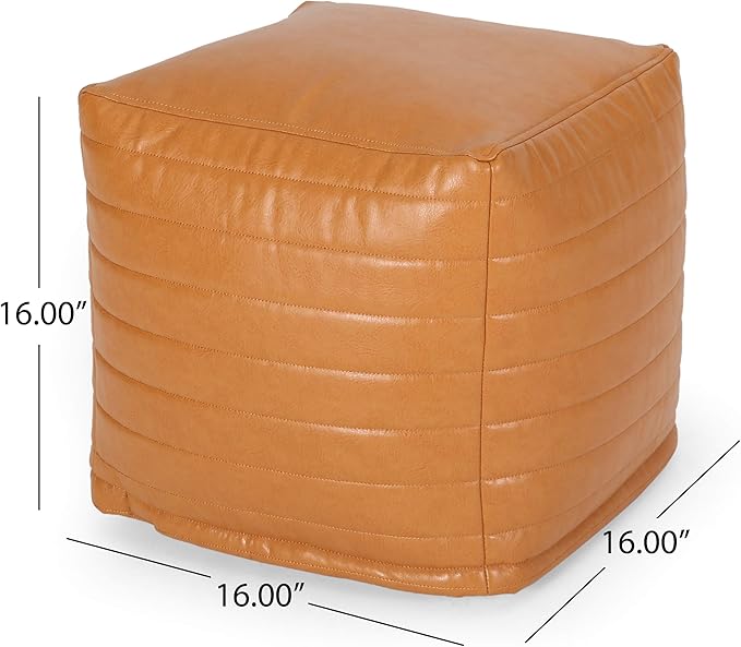 GDFStudio Contemporary Faux Leather Channel Stitch Pouf Ottoman Foot Stool - Bean Bag Floor Chair - Foot Rest Couch for Living Room Bedroom,Caramel Cube,16"" x 16"" x 16"", Conrai,caramel, 314802N