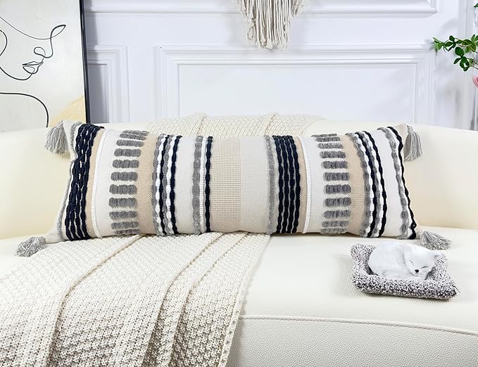 Chenille and Cotton Long Pillow for Bed, Striped Textured Boho Lumbar Throw Pillow Cover 16x36, Neutral Accent Decorative Extra Long Body Pillow Case for Couch, Sofa, Bedroom, Grey