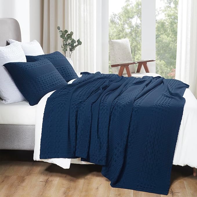 VHC Brands 100% Cotton Waffle Weave King Blanket 108"x90", Decorative Lightweight Spring and Summer Throw Blanket, Bedroom Decor for Bed, Couch, or Sofa, Navy