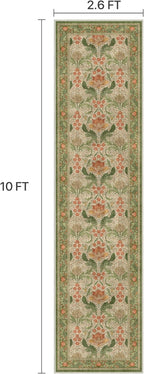Bavni 2'6''x10 Runner Rug,Microfiber Washable Non-Slip Vintage Floral Rugs,Low Pile Lightweight Carpet for Bedroom,Hallway,Entryway,Kitchen,Bathroom, Sage Green & Burnt Orange