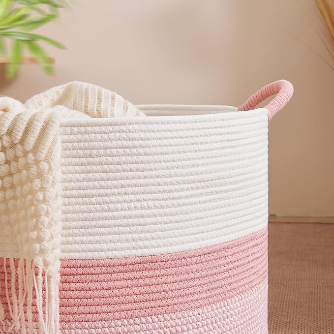 CLHMILY&Z Round Cotton Rope Storage Basket - 22x14.2 Inches - Cute Nursery Bin, Baby Toy Organizer, Pink Organizer for Home Decor, Multi-Purpose Home Tidy Solution