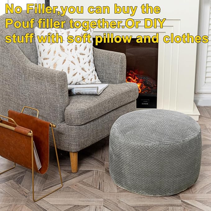 Asuprui Pouf Ottoman Unstuffed Pouf Ottoman Foot Rest No Filler Foot Stool Floor Pouf 20x20x12 Inches Fuzzy Chair Floor Chair Foot Rest with Storage for Living Room Bedroom Light Gray Pouf Cover
