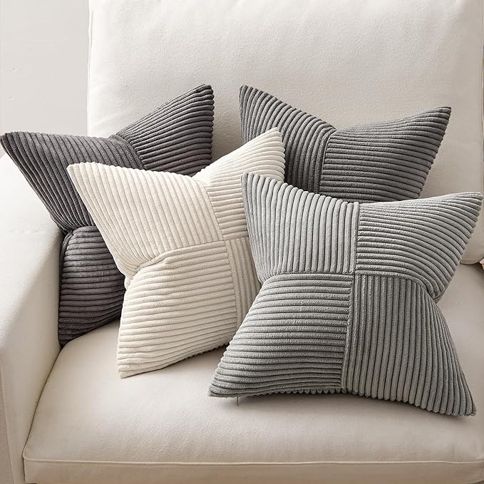 MIULEE Neutral Grey Decorative Throw Pillow Covers 20x20 Inch Set of 4 Modern Farmhouse Corduroy Cushion Cases Striped Patchwork Pillow Cases for Couch Sofa Bedroom Home Decor