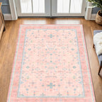 Nursery Area Rug 4x6 - Pink Rugs for Girls Bedroom, Living Room - Washable Low Pile Non-Slip Charming Boho Vintage Traditional Oushak Design, Perfect for Kids Rooms