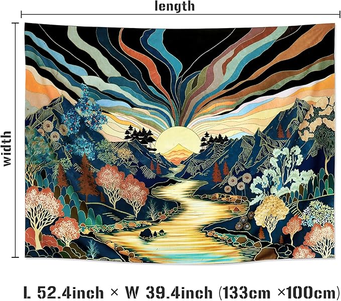 Dermijer Blacklight Forest Mountain Tapestry Sun Tapestry UV Reactive Retro Landscape Tapestries Black Light Watercolor Flower Trees Wall Art Tapestries Wall Hanging for Home Decor 52.4L x 39.4W