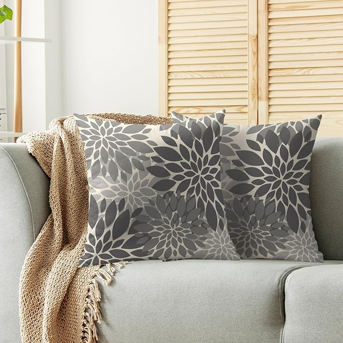 Grey Gray Pillow Covers 22X22 Inch Set of 2, Dahlia Flower Spring Summer Floral Cream Decorative Throw Pillow Covers Outdoor Modern Farmhouse Cushion Case for Home Couch Sofa Bed Decor