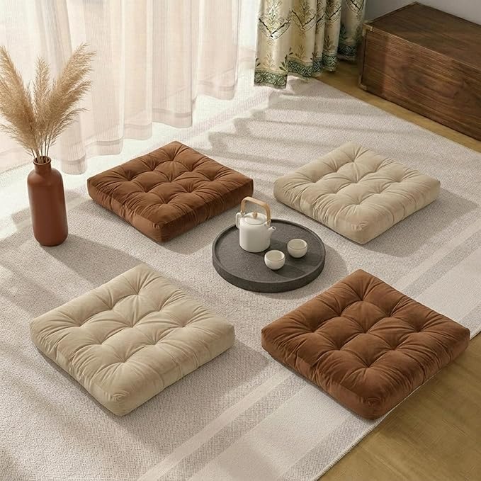Meditation Floor Pillow Set of 2, Large Velvet Floor Pillows for Sitting, Tufted Floor Seating Cushions for Adults, Big Pillows for Yoga & Living Room, 22x22 Inch, Brown