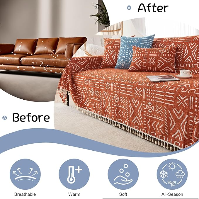 VClife Boho Couch Cover for 3 Cushion Couch Sofa Durable Soft Chenille Sofa Slipcover for Sectional Sofa, 1 PC Multi-Functional Sofa Covers Protector, Caramel and White Furniture Protector 71" x 134"