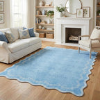 GarveeHome 4x6 Blue Scalloped Washable Area Rug for Nursery Room, Solid Floral Soft Bedroom Rug Non Slip Low Pile Small Carpet Stain Resistant Throw Rug for Dorm Kids Room Office Dining Room