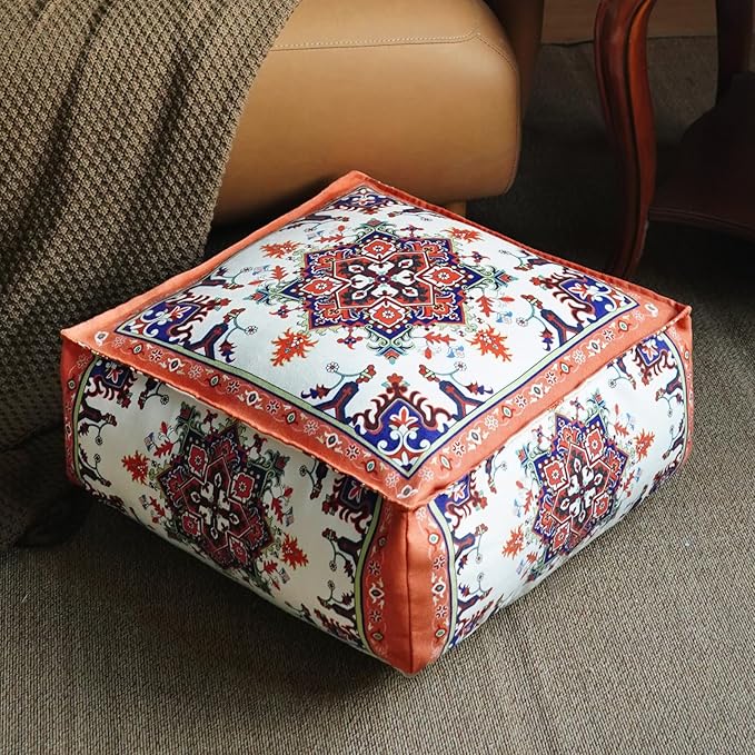 Unstuffed Pouf Cover Ottoman Footrest Bohemian Chenille Foot Stool Floor Bean Bag 20x20x8 Inches for Living Room Bedroom Home Decor (Orange, Square)