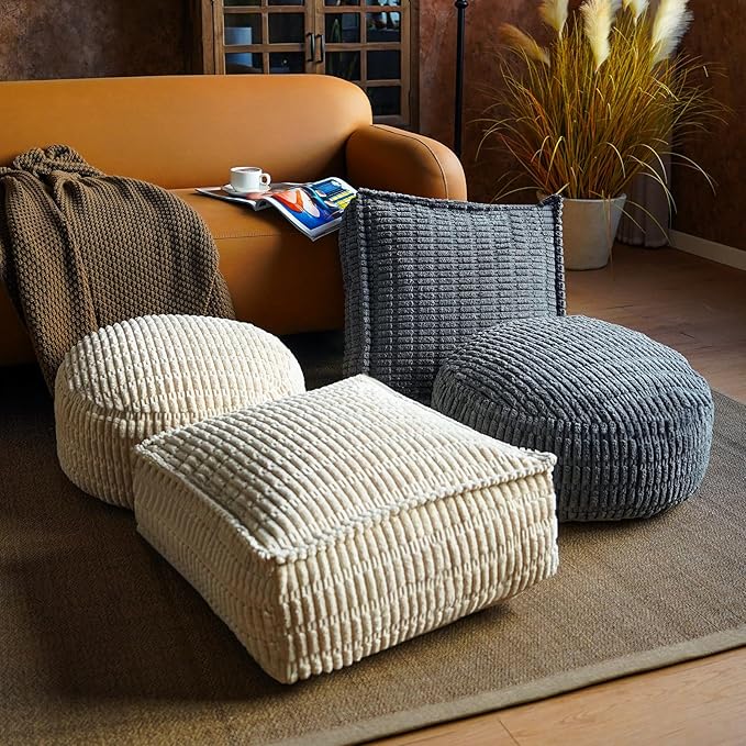 Unstuffed Pouf Ottoman Soft Square Bean Bag Storage Pouf Cover 20x20x8 Inches Decorative Floor Footrest for Living Room Bedroom Outdoor (Beige, Square)