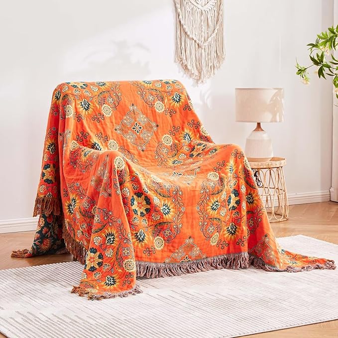Boho Throw Blanket 100% Cotton Ultra Soft Luxury Throw Rustic Quilt 50"x60" Floral Printed Farmhouse Decor Bed Summer Blankets All Season Rustic Reversible Bohemian Throw for Bed Orange
