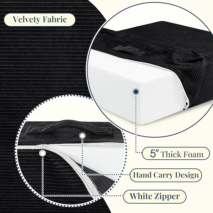 Wellsin Solid Square Floor Pillows for Adults Kids - Large Meditation Floor Pillow Seating Cushion with Thick Foam & Washable Velvet Cover, 1 Pack, 22x22x5 Inch, Black