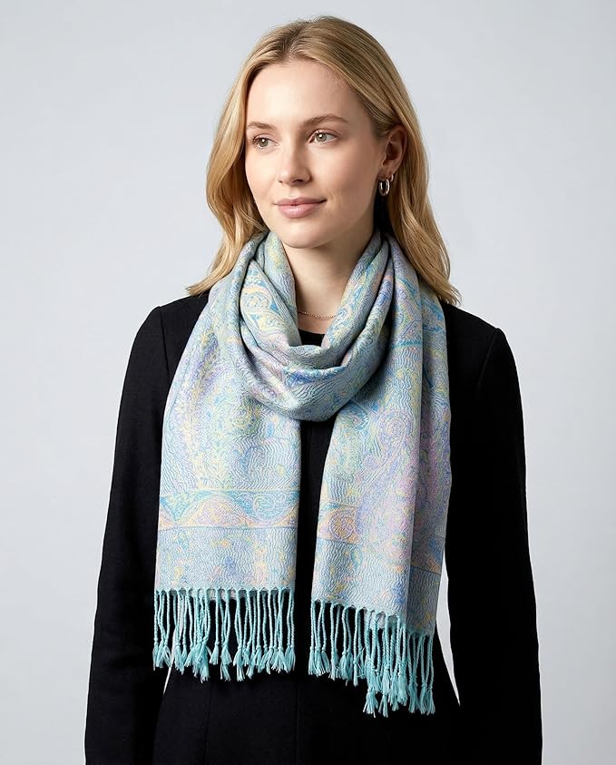 Achillea Reversible Paisley Pashmina Rave Scarf – Exotic Indian Shawls and Wraps for Evening Dresses, Festivals, All Seasons