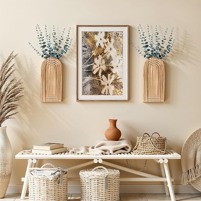 DREAMLOOM 2 Pack Wooden Wall Vases with Eucalyptus Artificial Plants, Wall Hanging Planters Boho Modern Farmhouse Indoor for Narrow Spaces Entryway Bathroom Home Office Decoration, Black