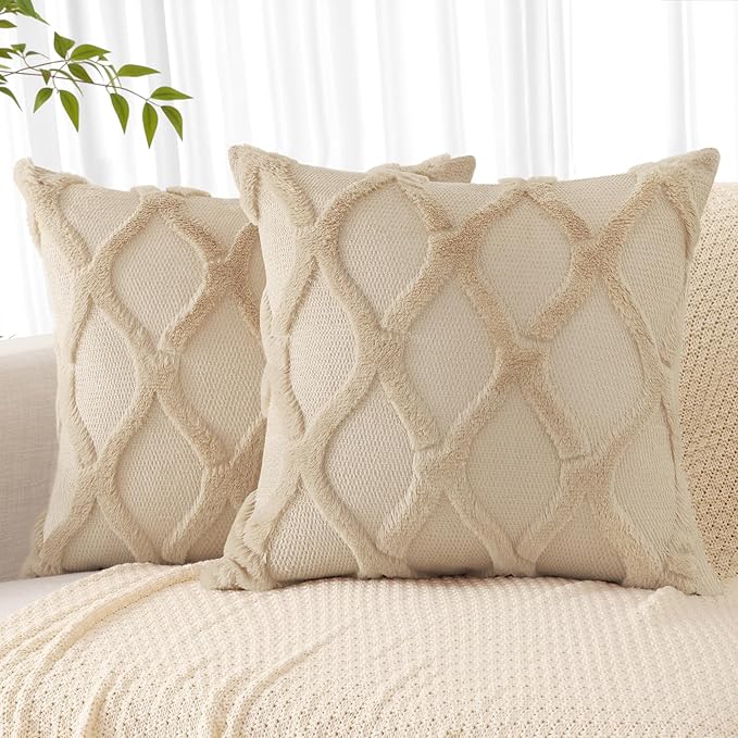 decorUhome Spring Throw Pillow Covers 16x16 Inch Set of 2, Soft Plush Faux Fur Wool Light Brown Accent Couch Pillow Covers for Modern Farmhouse Bed Sofa Living Room