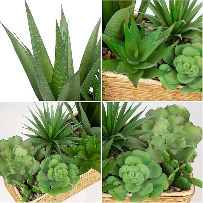 Hollyone Artificial Succulent Plant Arrangement Centerpiece Assorted Fake Agave Succulents in Rectangular Woven Basket 12" Faux Potted Succulents for Indoor Home Office Table Windowsill Shelf Decor