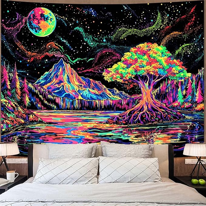 Zussun Blacklight Mountain Forest Tapestry Hippie Tree of Life Tapestries for Bedroom Aesthetic Glow in The Dark Moon and Stars Tapestry Wall Hanging for Living Room Dorm 80 × 60 Inch
