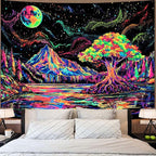 Zussun Blacklight Mountain Forest Tapestry Hippie Tree of Life Tapestries for Bedroom Aesthetic Glow in The Dark Moon and Stars Tapestry Wall Hanging for Living Room Dorm 80 × 60 Inch