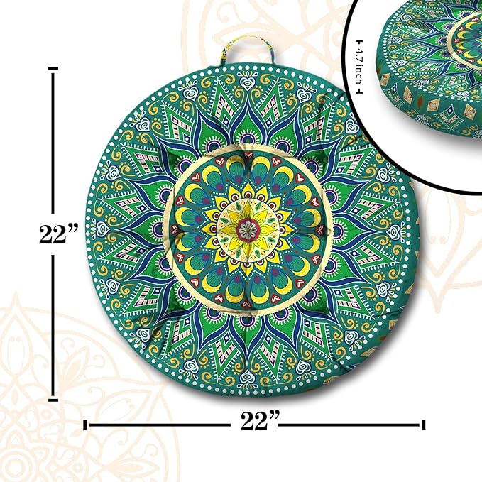 Mandala Meditation Cushion, Boho Meditation Mat, Meditation Pillows for Sitting on Floor, Cushions for Sitting in Home and Outdoor, Round Floor Pillows Cushion Seating for Yoga Accessories 22'' X 22''