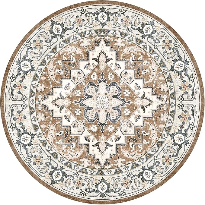 Lessymo 4FT Washable Round Area Rugs for Living Room, Non Slip Circle Rugs Low Pile Vintage Carpet for Bedroom, Dining Room, Nursery, Home Office, Brown Beige