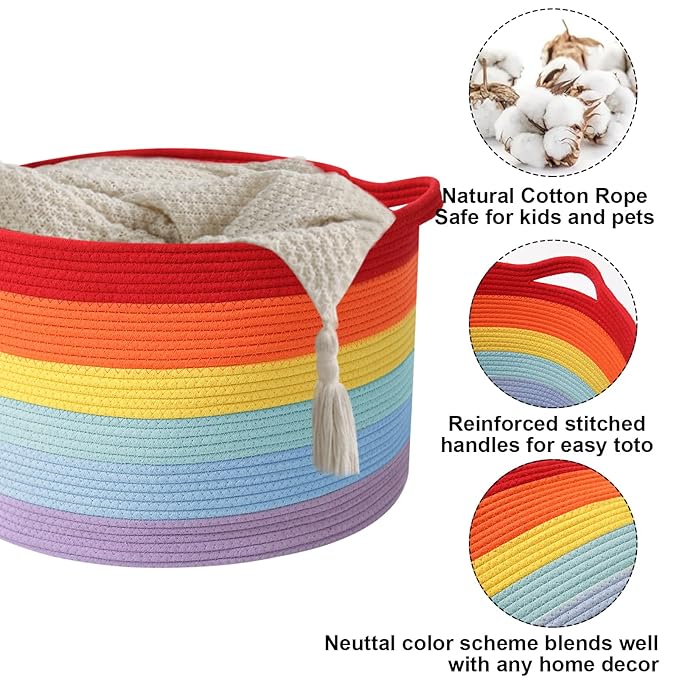 90L Large Blanket Basket,21.7"L x 21.7"W x 13.8"H Rope Woven Baskets with Handles, Toys Storage Bins,Laundry Basket Perfect for Living Room, Nursery,Bedroom,Home Organization,Rainbow