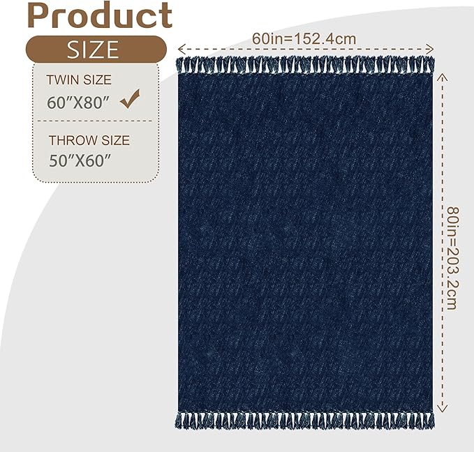 Chenille Throw Blanket for Couch with Tassels,60"X80" Soft Cozy Lightweight Knitted Boho Decorative Blankets for Bed and Sofa,Navy Blue