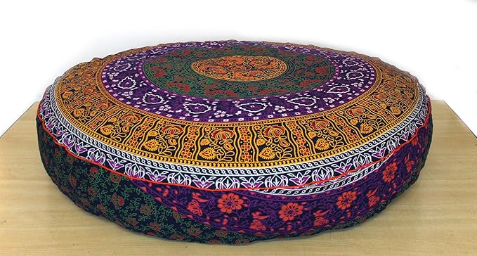 ICC Large Hippie Mandala Round Floor Pillow Cover Ottoman Pouf Cover Daybed Oversized Cotton Cushion Cover with Heavy Duty Zipper Seating Ottoman Poufs Dog-Pets Bed (Yellow 6 kaam Flower, 35" Round)