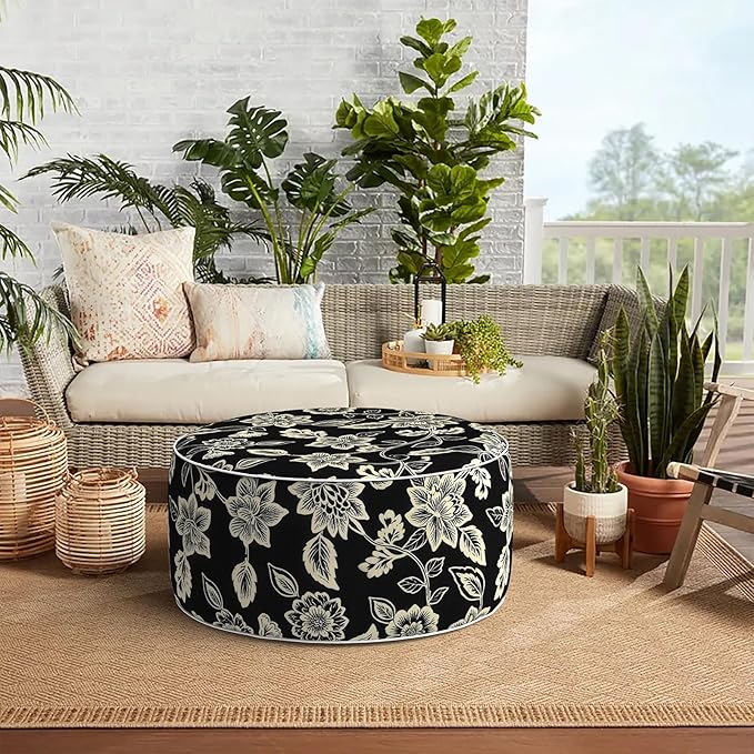 Indoor/Outdoor Inflatable Ottoman, Water Repellent Round Foot Rest Ottomans D31 x H14 inch, Portable Footstool for Patio Garden Camping or Home, Elegant Vines Black