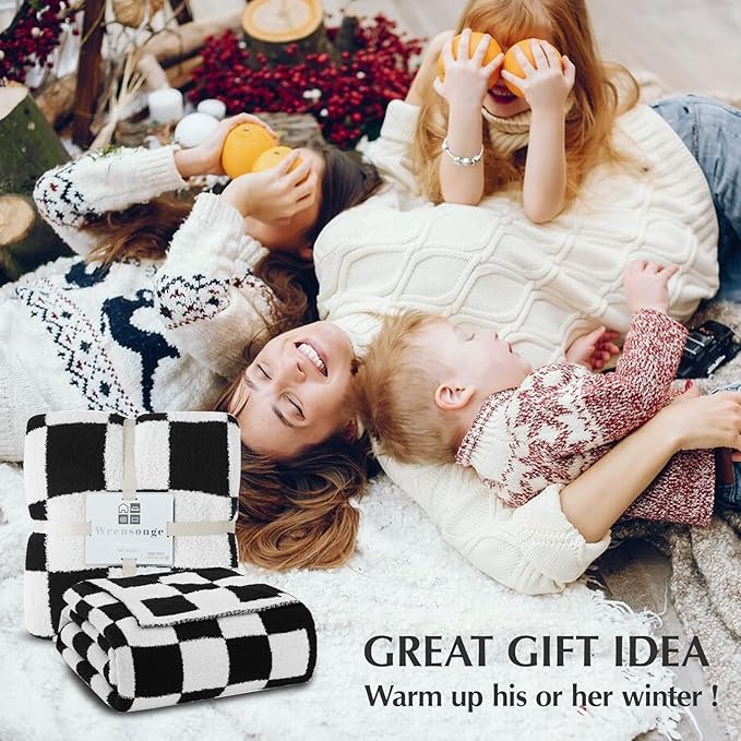 WRENSONGE Checkered Throw Blanket, Black and White Soft Cozy Fluffy Warm Hand Made Throw Blankets for Couch, Sofa, Chair, Bed, Camping, Picnic, Travel Lightweight Bed Blanket - 50"*70"