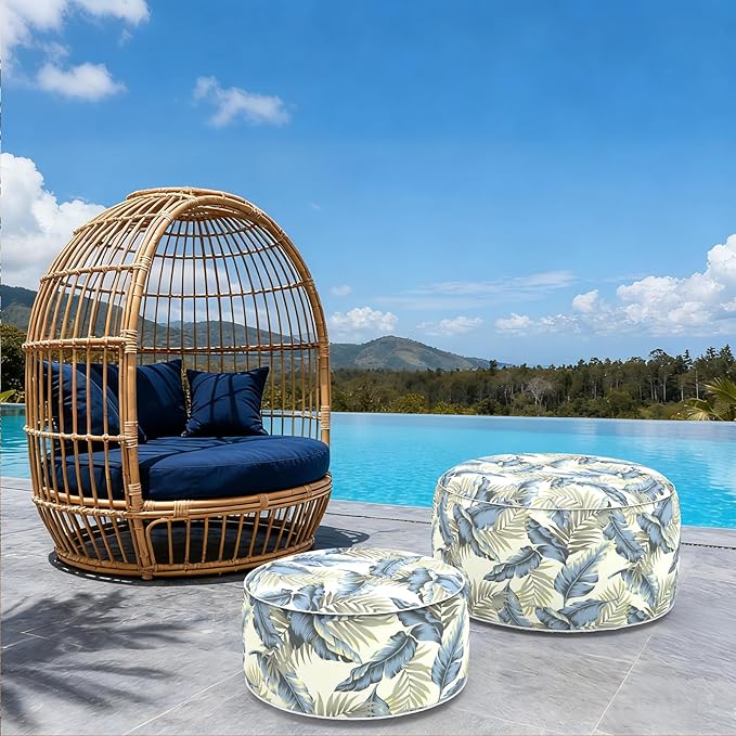 Indoor/Outdoor Inflatable Ottoman, Water Repellent Round Foot Rest Ottomans D31 x H14 inch, Portable Footstool for Patio Garden Camping or Home, Lush Palm Blue