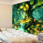 Apdidl Forest Nature Green Tapestry for Bedroom, Tree of Life Wall Art Big Tree Landscape Tapestries, Fairy Tales Fantasy Magical Butterfly Mushroom Backdrop Wall Hanging for Living Room Decor 51"X60"