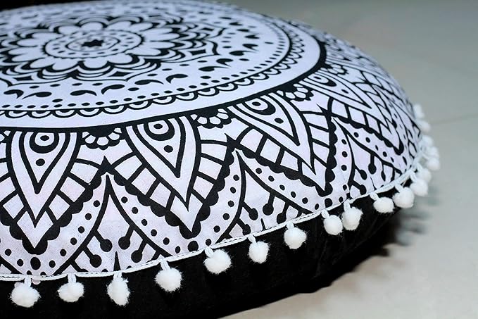 Round Mandala Floor Pillow Cover Seating Cushion Throw Cover Hippie Decorative Bohemian Ottoman Pouf Cover, Pom Pom Pillow Cases,Boho Indian 22 Inches (Black Flower)