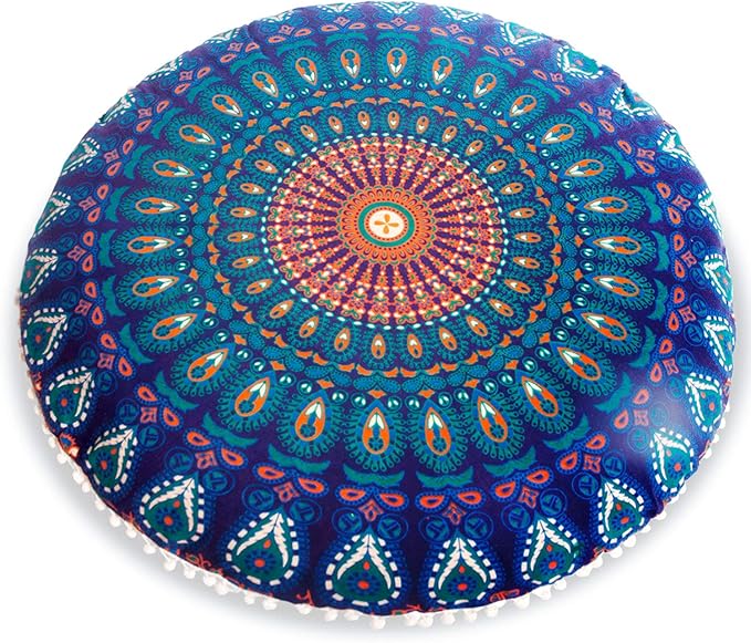 Mandala Life ART Bohemian Yoga Décor Floor Cushion Cover - Round Mediation Pillow Case - Hand Printed Organic Cotton Pouf (Pouf Cover 30", Blue Peacock)