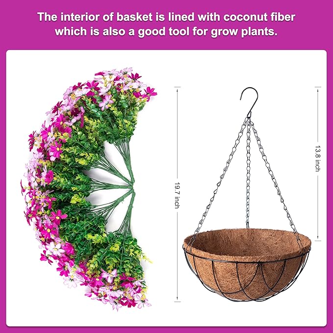 Artificial Flowers with Hanging Planter for Outdoor Decor, Faux Silk Daisy UV Resistant Plants in Basket for Indoor Porch Garden Yard Spring Summer Decor(Violet)