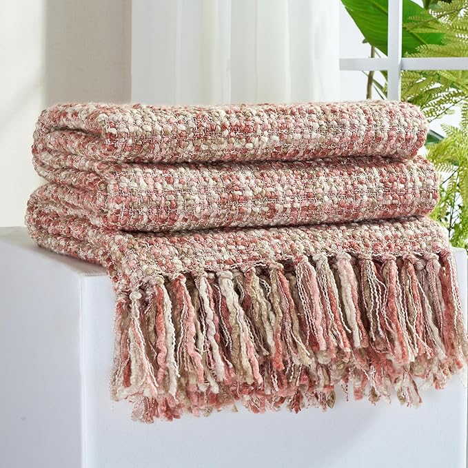 Multi-Color Light Pink Cable Woven Throw Blanket for Couch,50"X60" Boho Style Textured Blankets for Home Decor,Super Soft Warm Cozy Chunky Blanket with Decorative Tassels for Bed